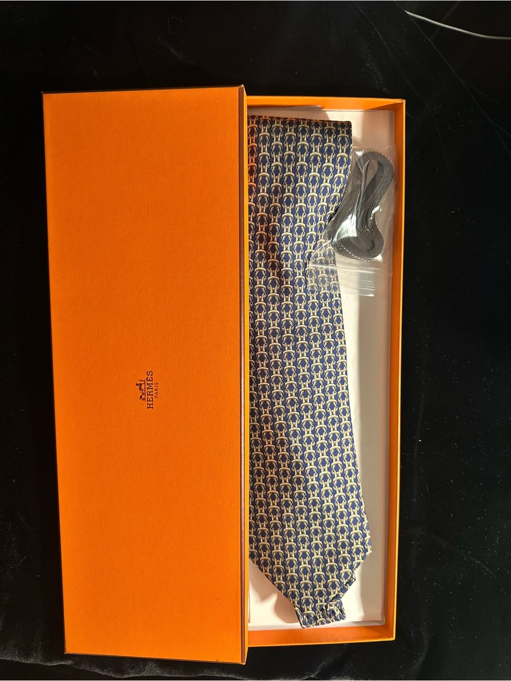 Hermes Navy and Gold Geometric Silk Tie